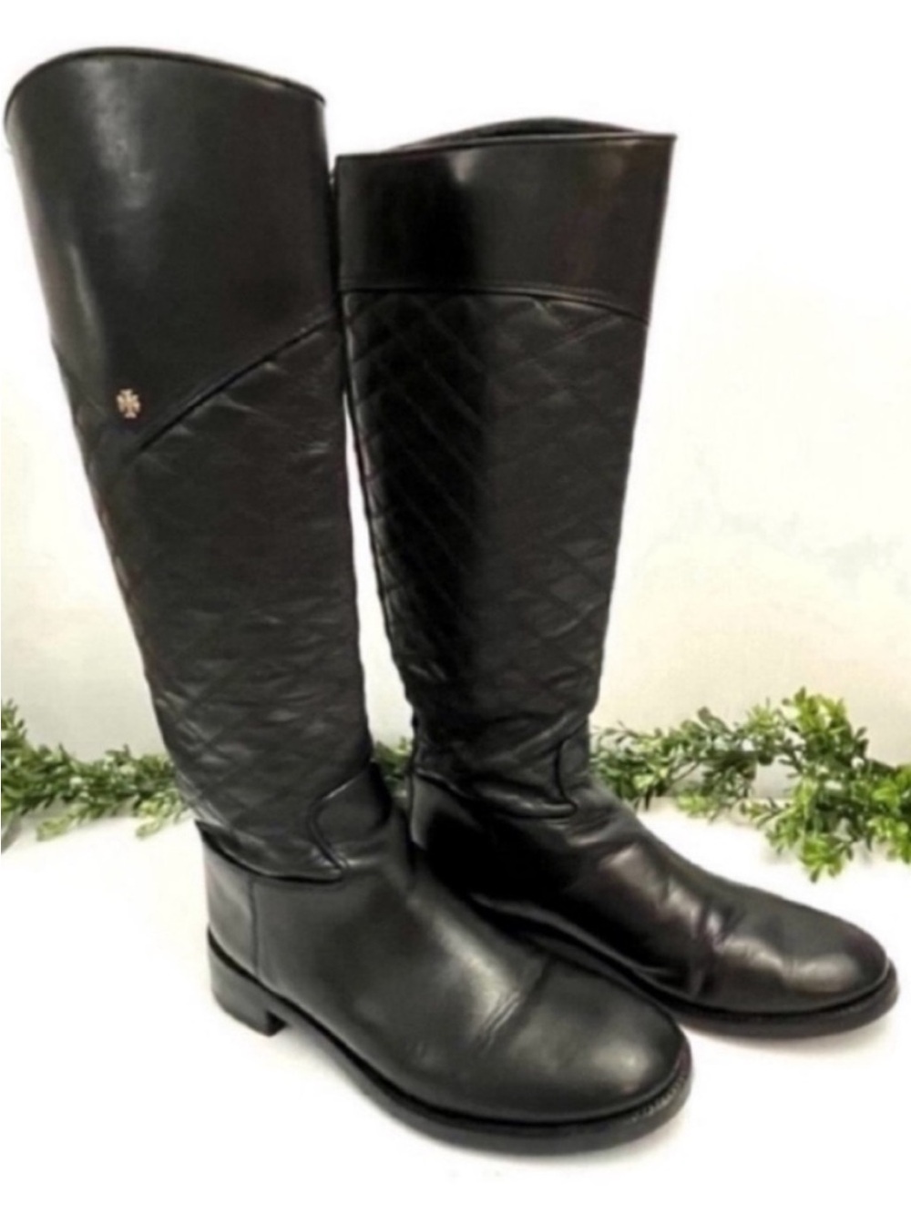 Tory Burch Claremont Black Quilted Leather Riding Boots Size 8